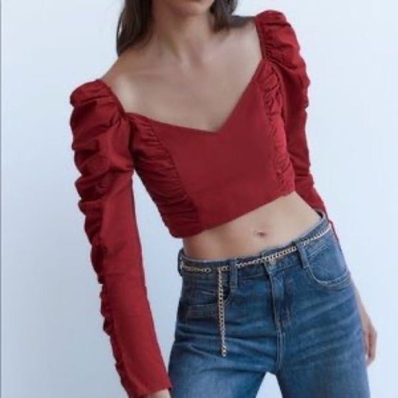 Zara red puff sleeve crop top - Picture 3 of 13